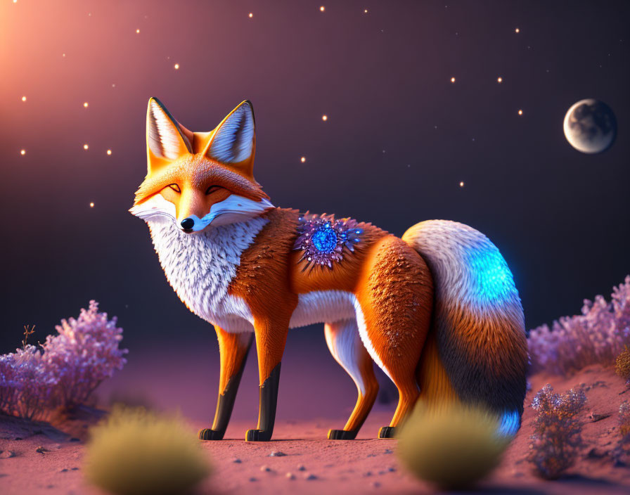 Stylized fox with bushy tail in twilight landscape with stars.