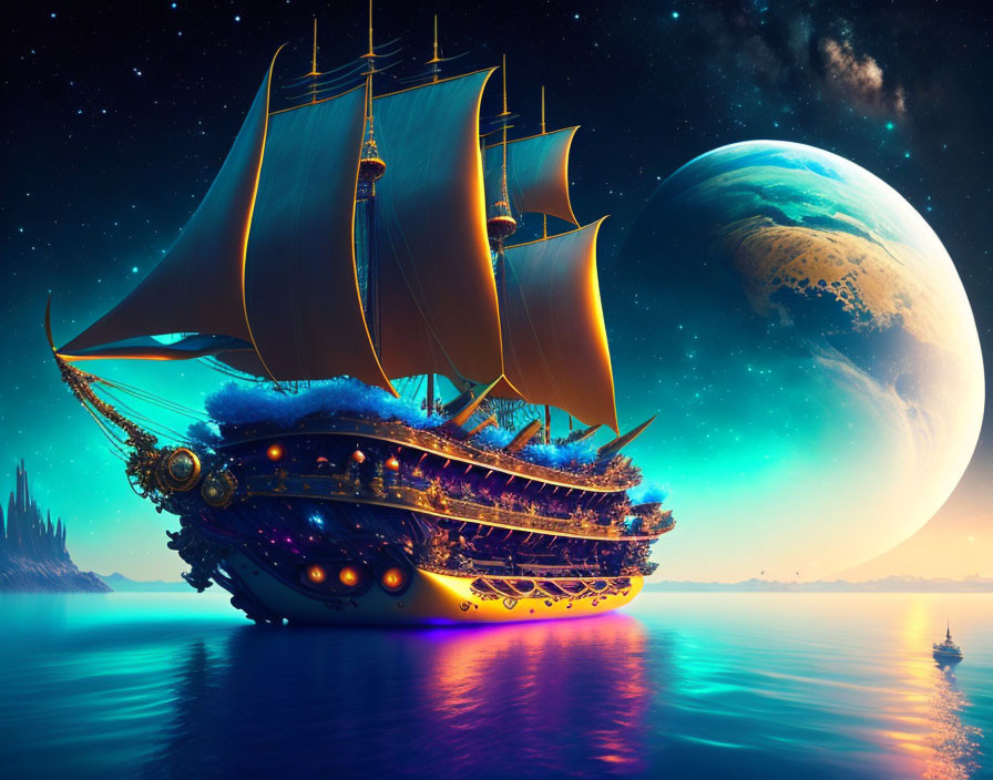 Elaborate sails on fantastical ship under starry sky