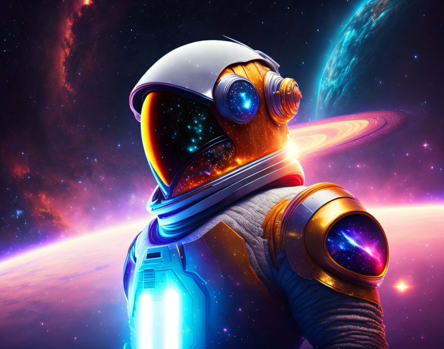 Astronaut with Reflective Visor Amid Cosmic Scenery