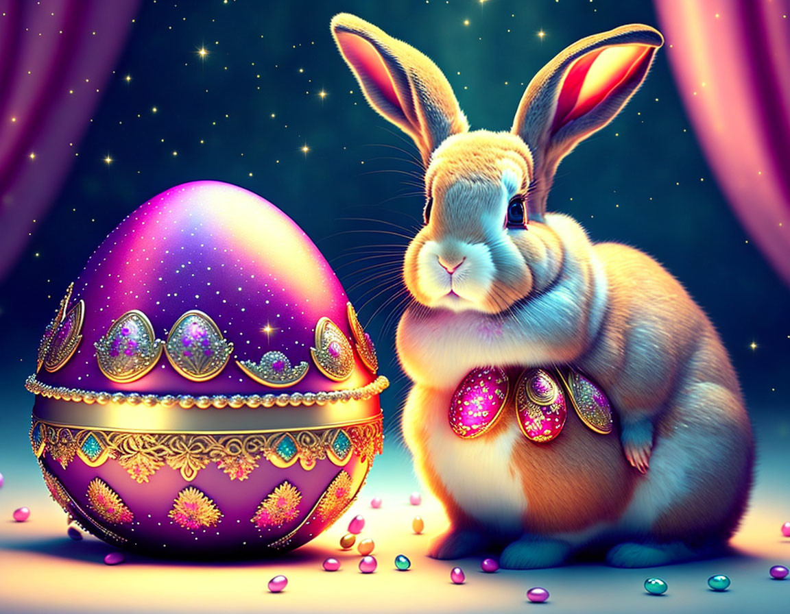 Colorful Bunny with Jewel-Encrusted Easter Egg in Starry Twilight