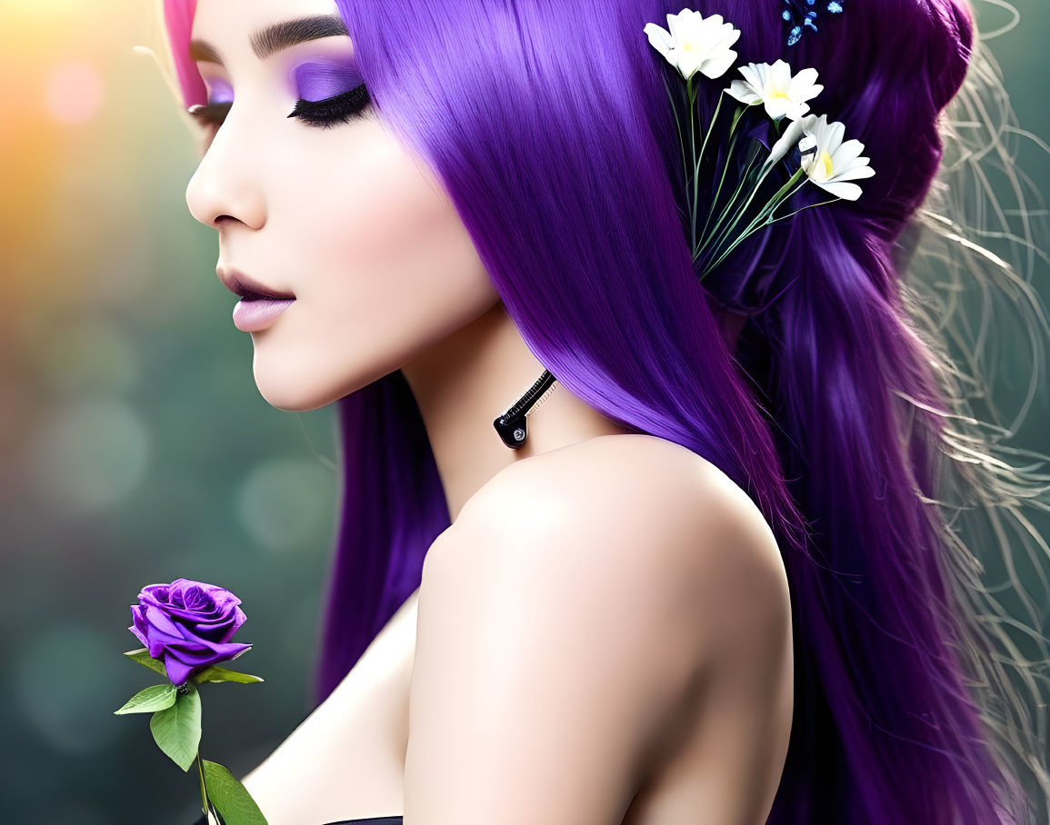 Purple-haired woman with rose and floral hair accessories on bokeh background