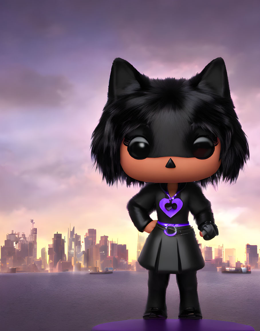 Stylized cat figurine in black dress and mask against purple cityscape