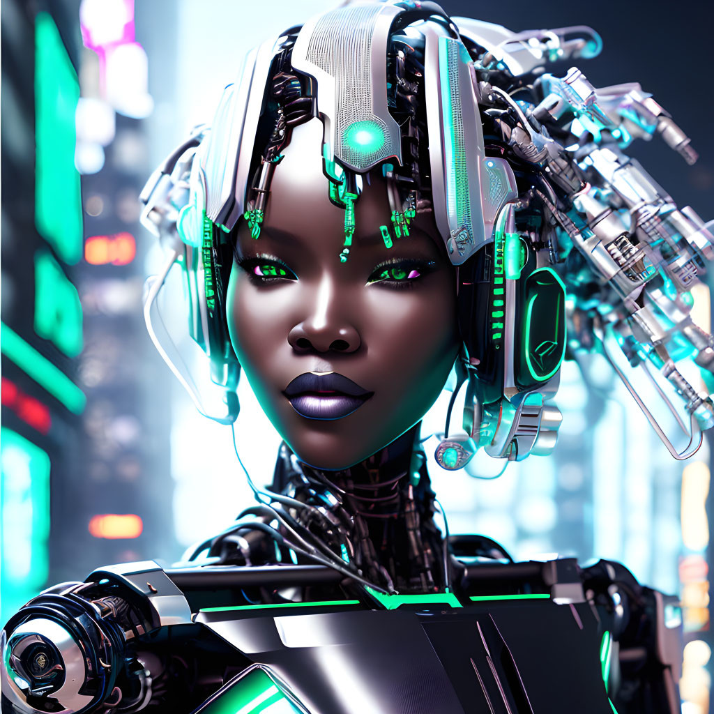 Detailed futuristic female android with green glowing eyes and cybernetic enhancements in neon cityscape