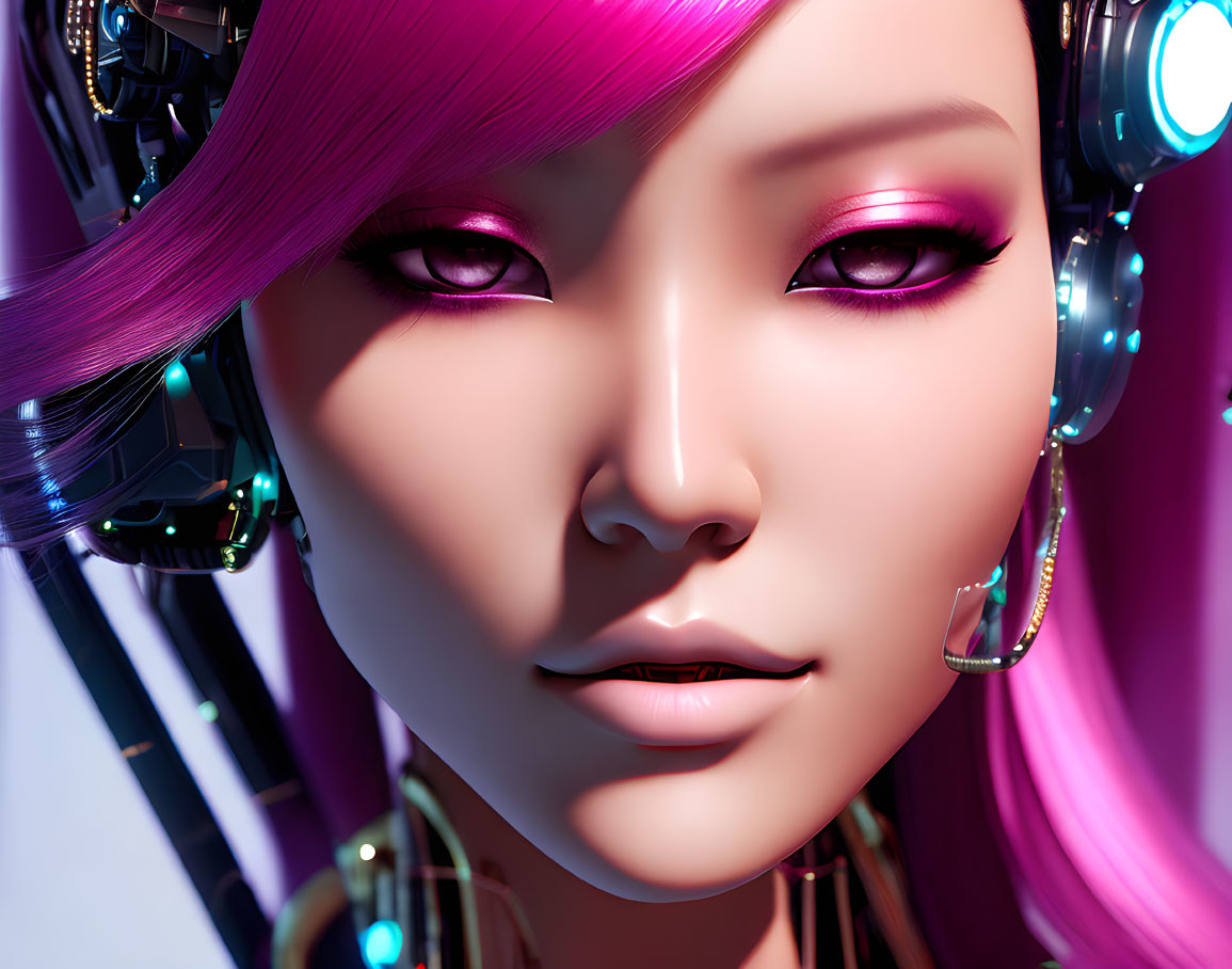 Vibrant pink hair and magenta eyes on 3D-rendered female character