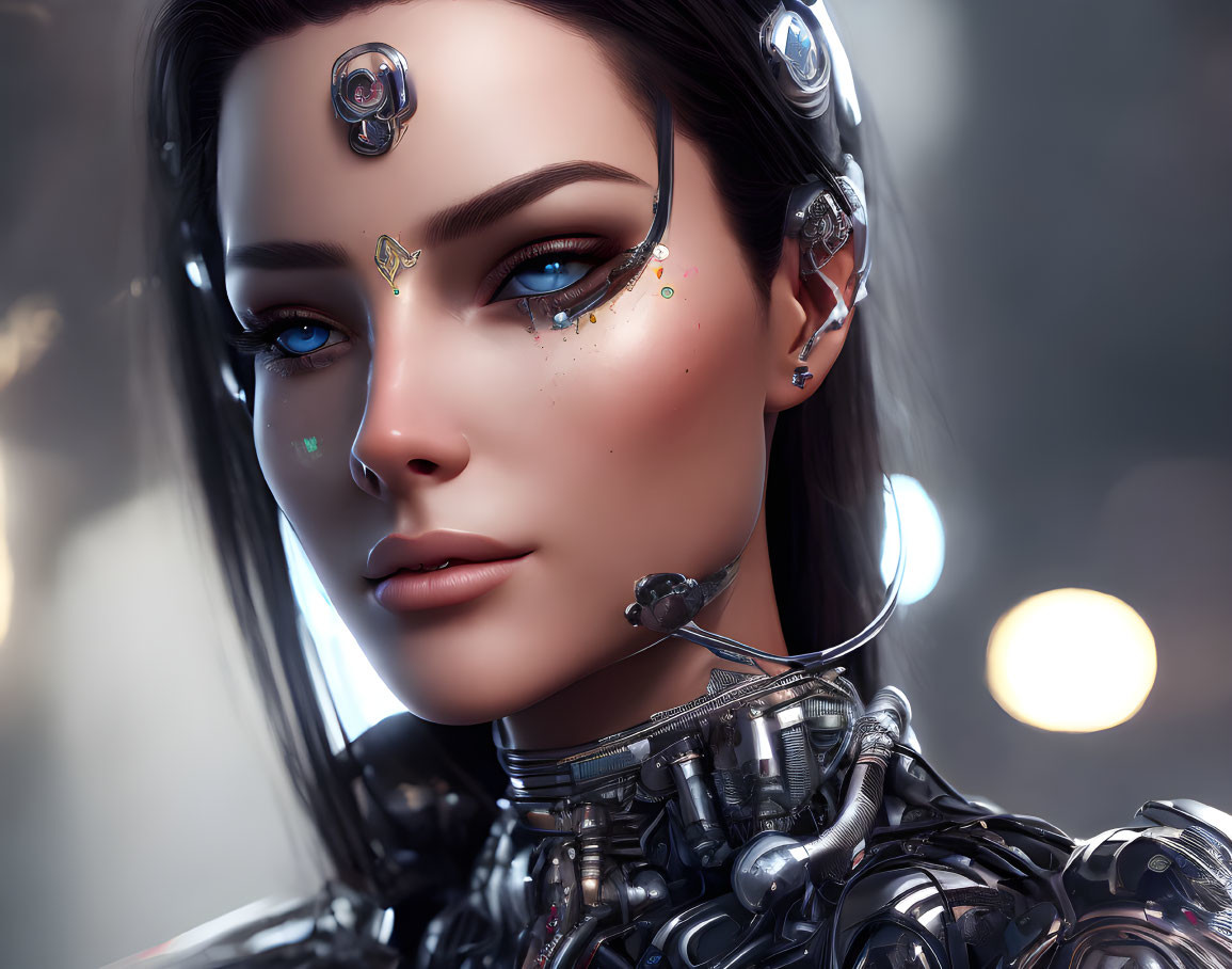 Detailed Female Android with Cybernetic Features and Shimmering Eyes