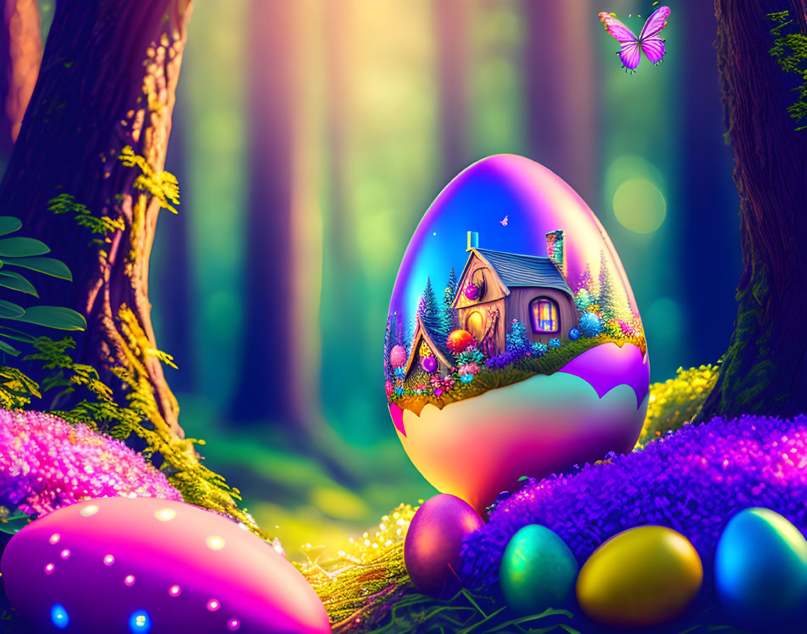 Vibrant Easter egg forest illustration with cottage scene and butterfly