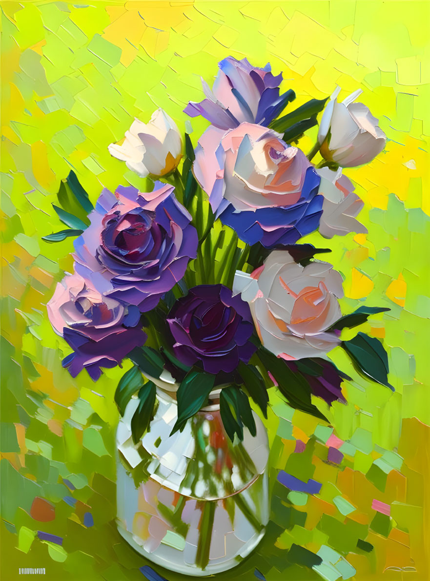 Colorful Roses Painting in White Vase on Mosaic Background