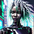 Detailed futuristic female android with green glowing eyes and cybernetic enhancements in neon cityscape