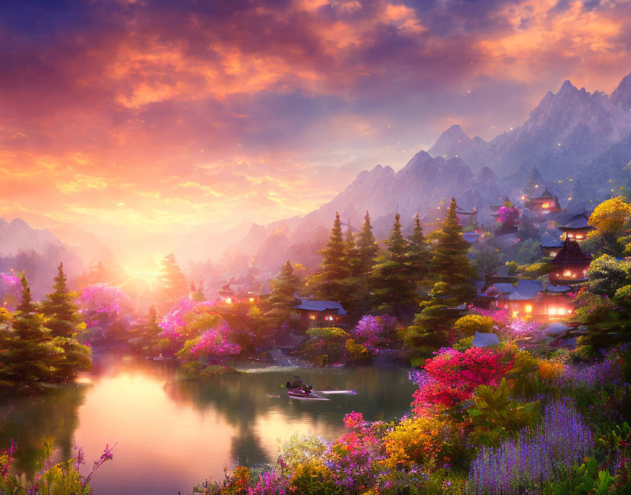 Tranquil lake mirroring vibrant sunset with traditional buildings, blossoming trees, and rugged mountains.