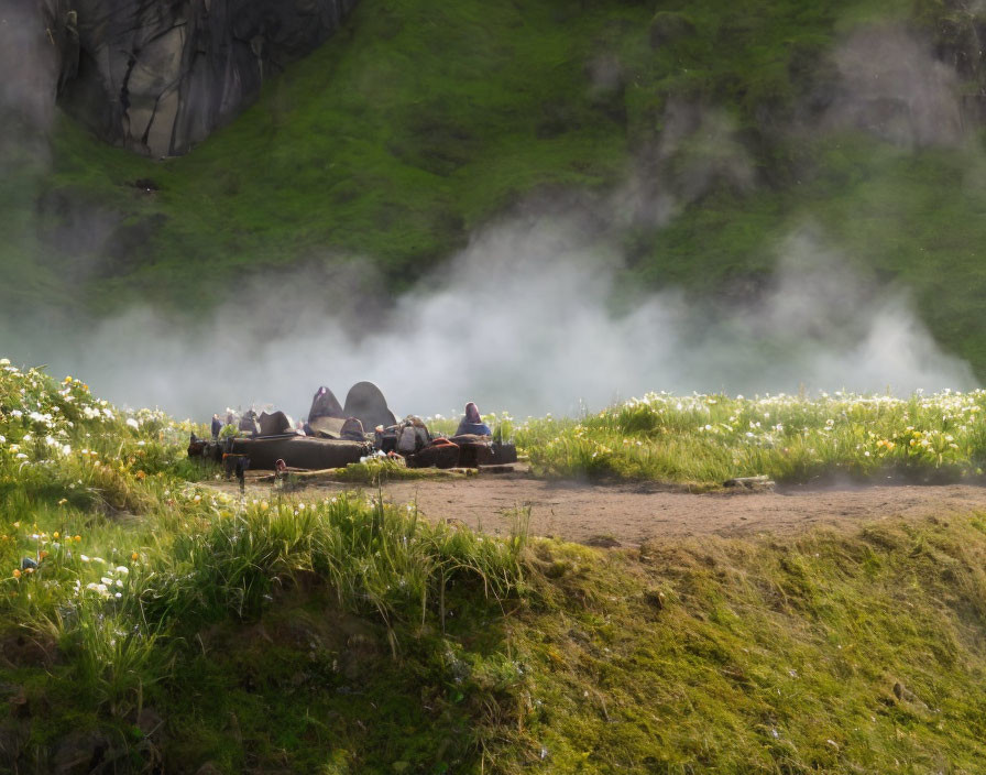 Tranquil hot spring scene with people, greenery, and mist