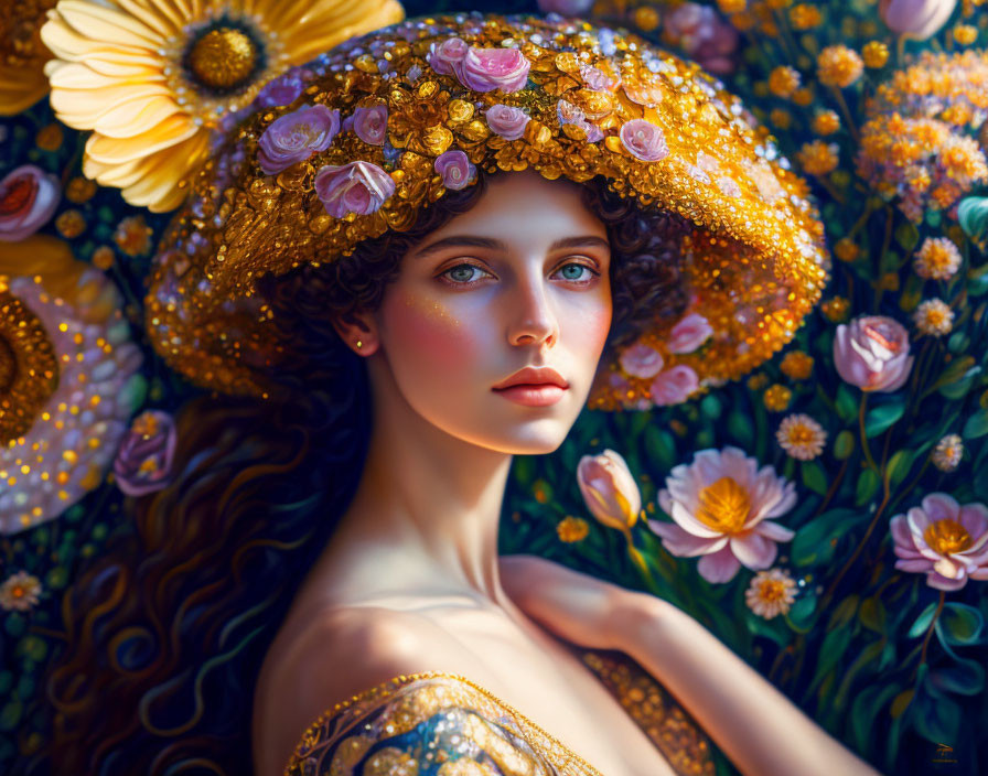 Digital painting of woman in golden floral attire among lush flowers