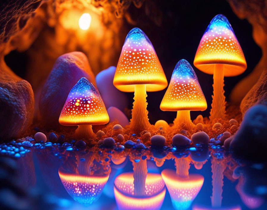 Bioluminescent artificial mushrooms on dark background