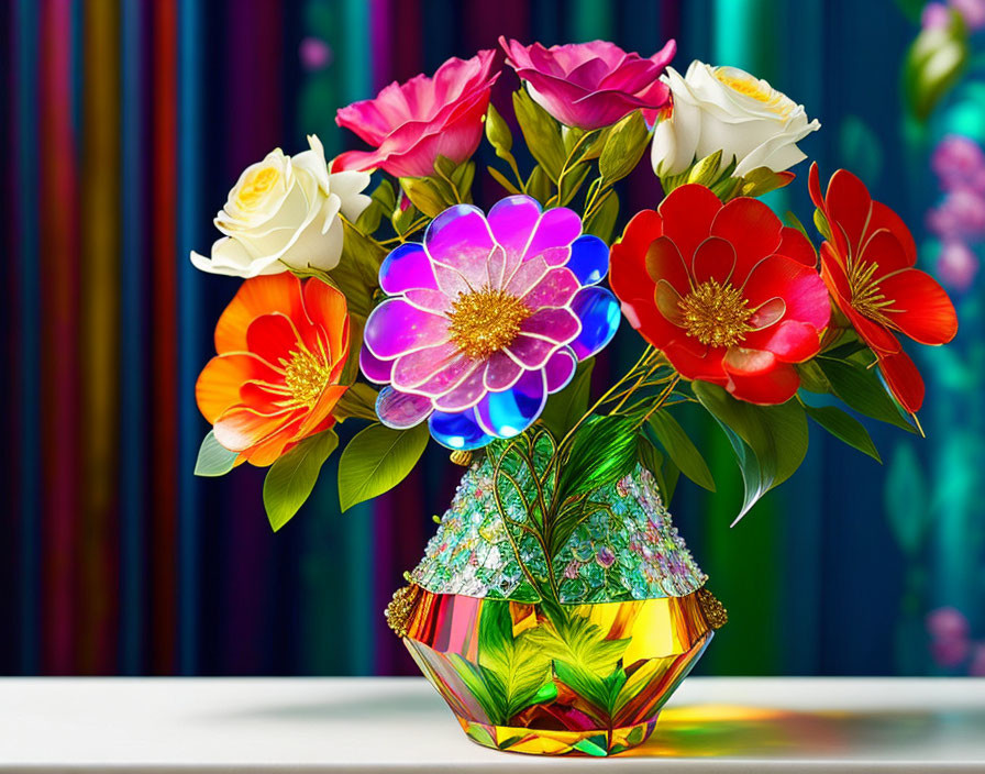 Colorful Artificial Flower Bouquet in Geometric Vase on Striped Background