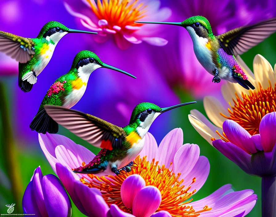 Vibrant hummingbirds near purple flowers on green background