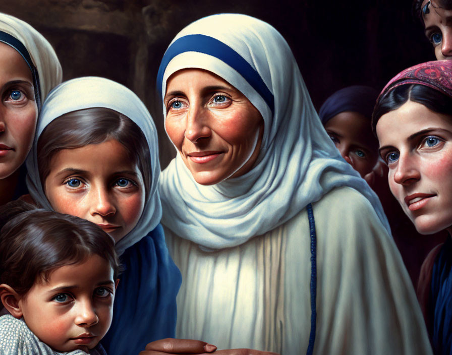 Realistic illustration of woman in blue and white headscarf with attentive children showing kindness.