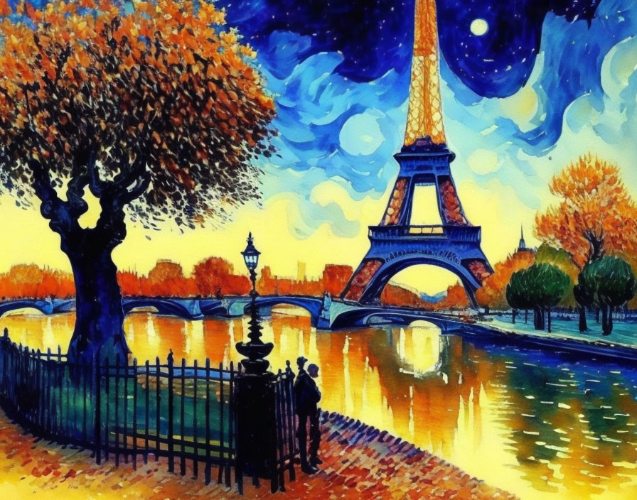 Colorful Eiffel Tower painting with autumn trees, starry sky, and couple by Seine