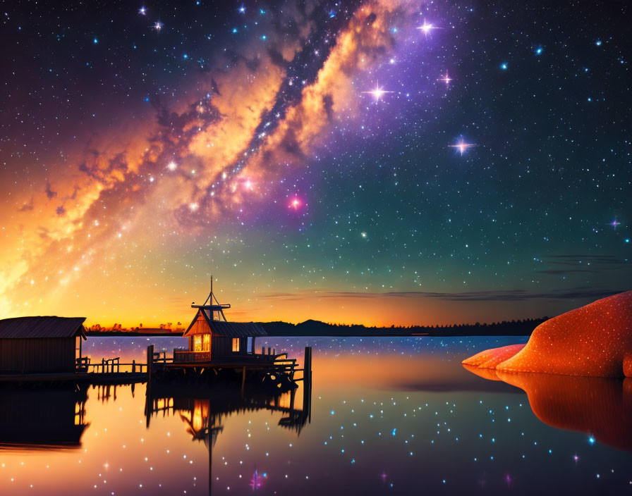 Tranquil lakeside night view with starry sky and galaxy formation