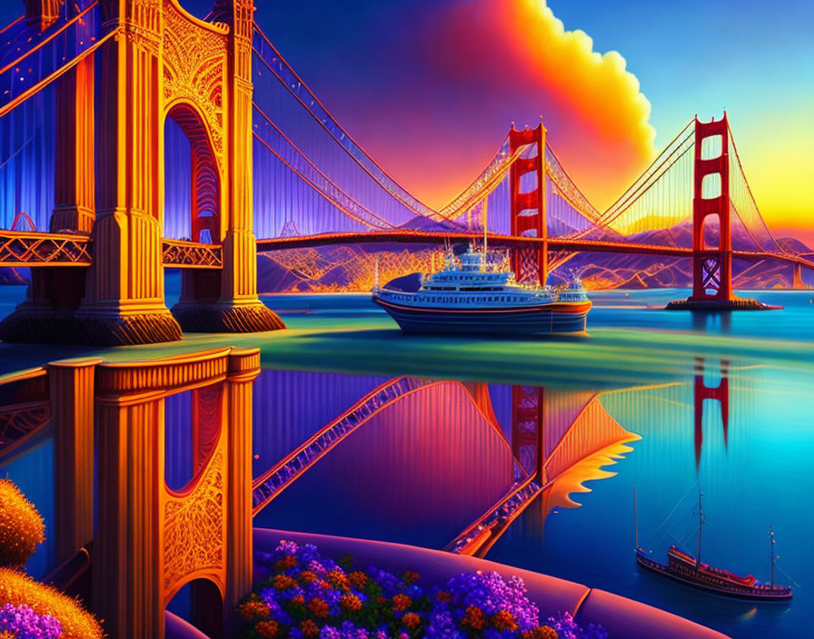 Digital artwork: Golden Gate Bridge sunset scene with vibrant sky, ship, reflections, and flowers.