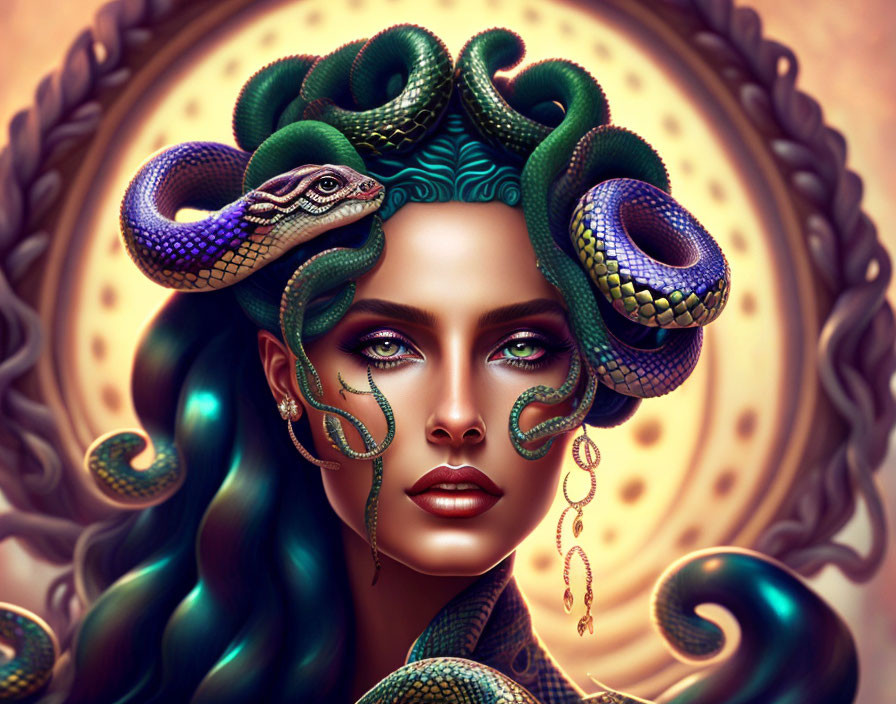 Fantasy illustration of woman with snake hair and intricate jewelry on golden backdrop