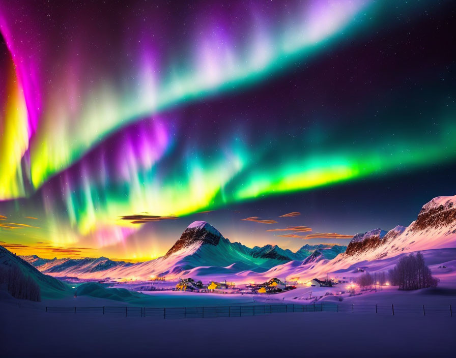 Colorful aurora borealis over snowy mountain village landscape