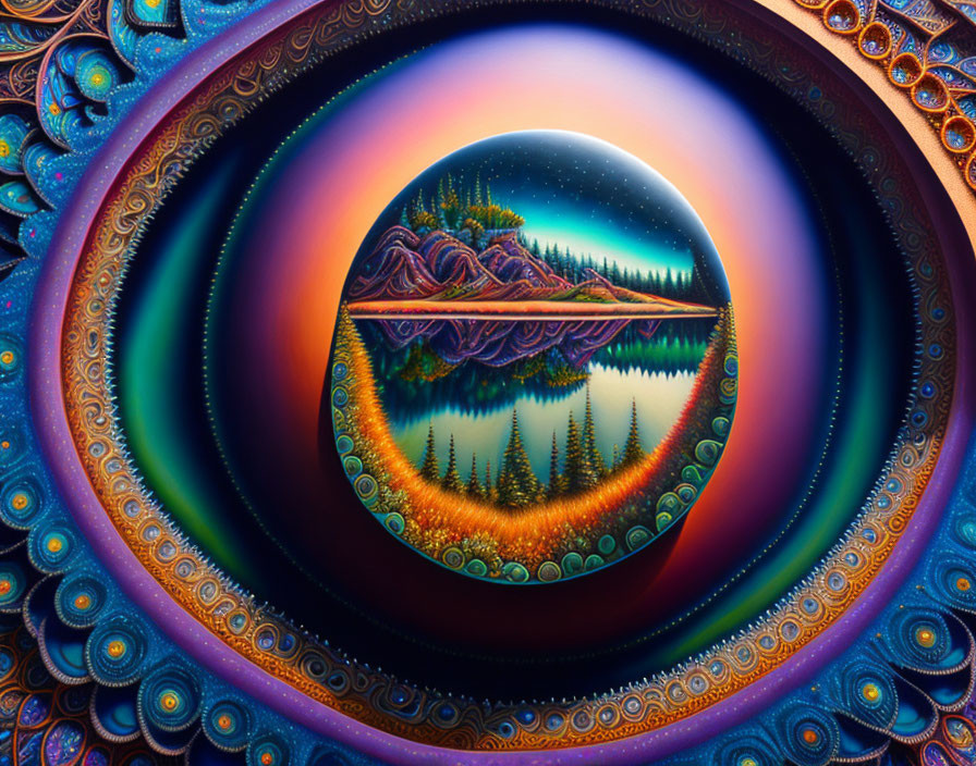 Psychedelic digital artwork of nighttime landscape in circular frame