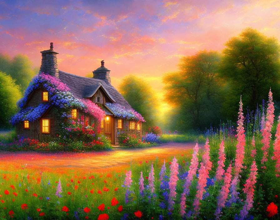 Thatched Roof Cottage Surrounded by Flowers at Sunset