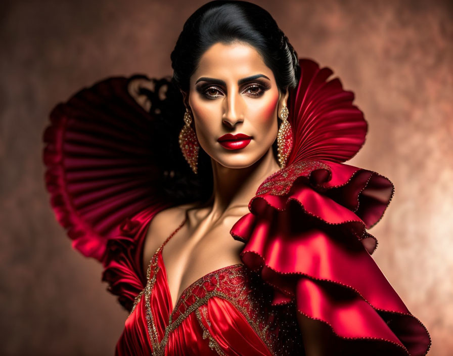 Luxurious Red Ruffled Dress and Dramatic Makeup on Elegant Woman