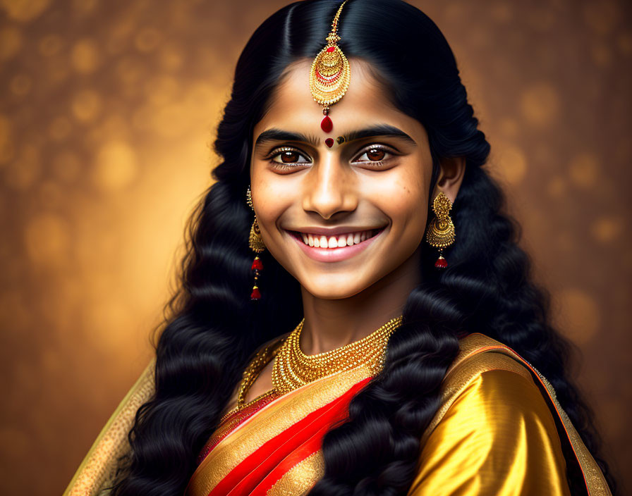 Smiling woman in traditional sari with gold jewelry