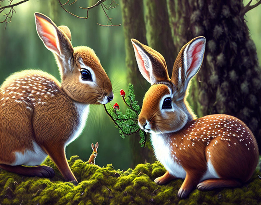 Illustrated rabbits with flower on mossy ground, tiny rabbit in background