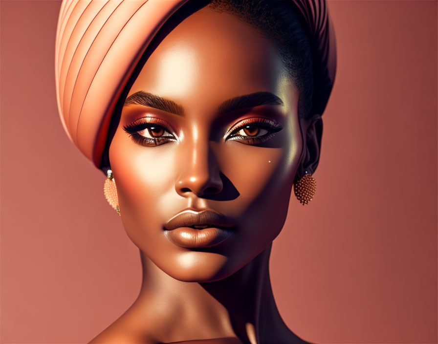 Portrait of woman with peach headwrap and matching makeup & earrings