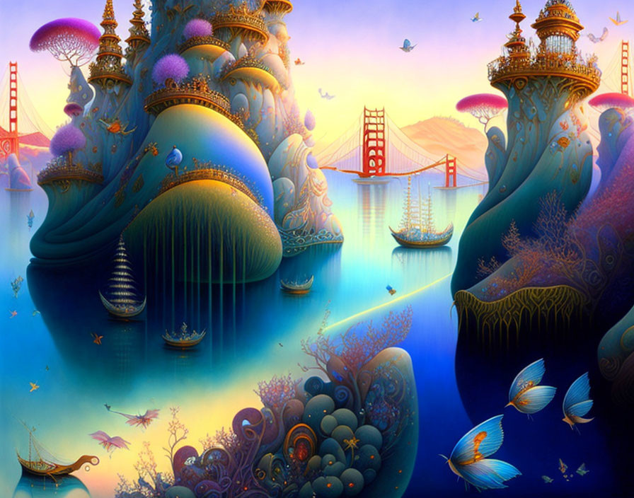 Colorful aquatic landscape with sea life, islands, and red bridge under pastel sky