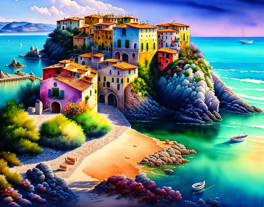 Vibrant Coastal Village: Terracotta-Roofed Houses, Blue Sea, Boats