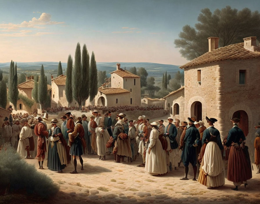 19th-Century Painting: Bustling Village Scene with Stone Houses and Cypress Trees