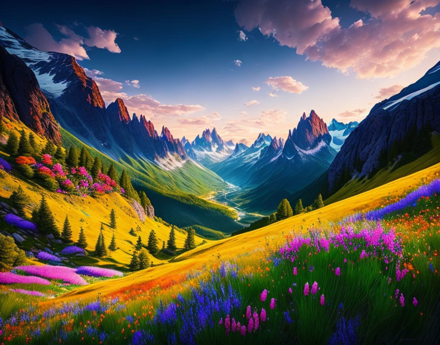 Colorful Meadow with River and Mountain Peaks at Sunset