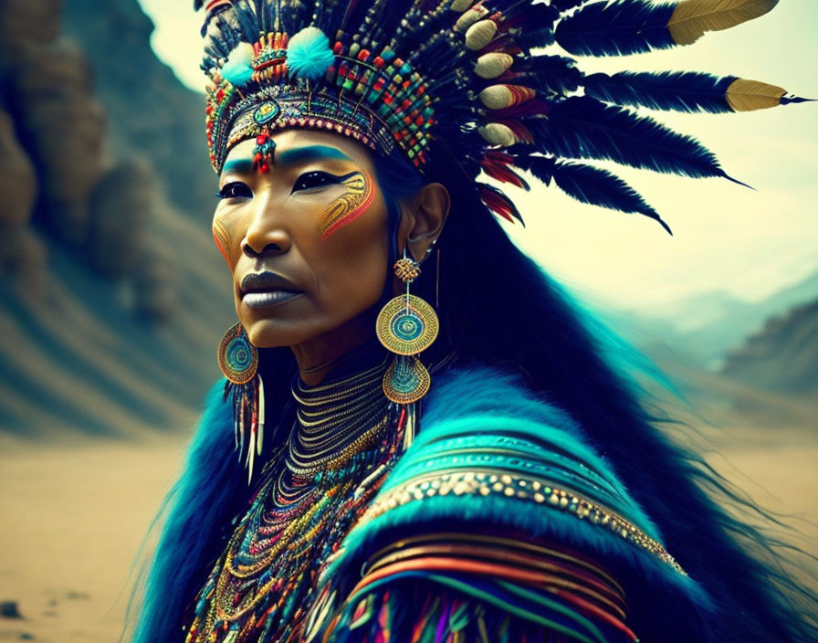 Person in Elaborate Feather Headdress and Tribal Face Paint in Desert Pose