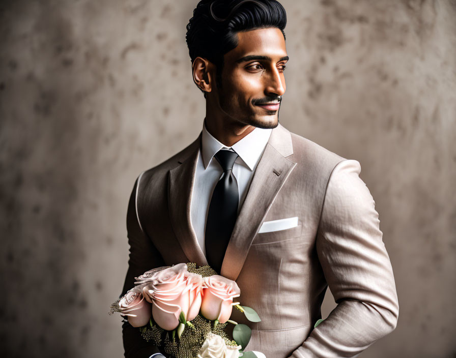 Stylish man in beige suit holding roses with confident smile