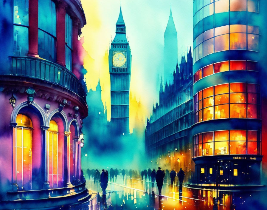 Vibrant watercolor painting of bustling London street with Big Ben and glowing city lights