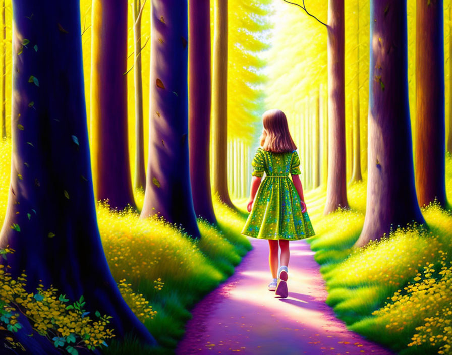 Young girl in green dress walking in vibrant forest with tall trees