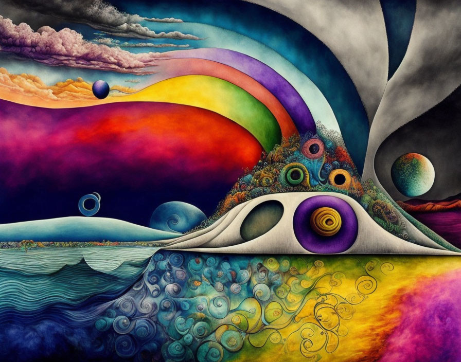 Vibrant surreal landscape with rainbow, swirling patterns, and textured clouds