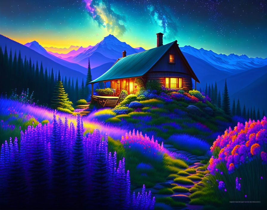 Cozy cabin surrounded by purple flowers and mountains at twilight