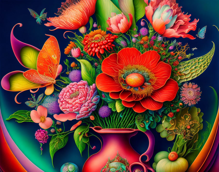 Colorful Digital Artwork of Flowers, Butterfly, and Snails in Vase