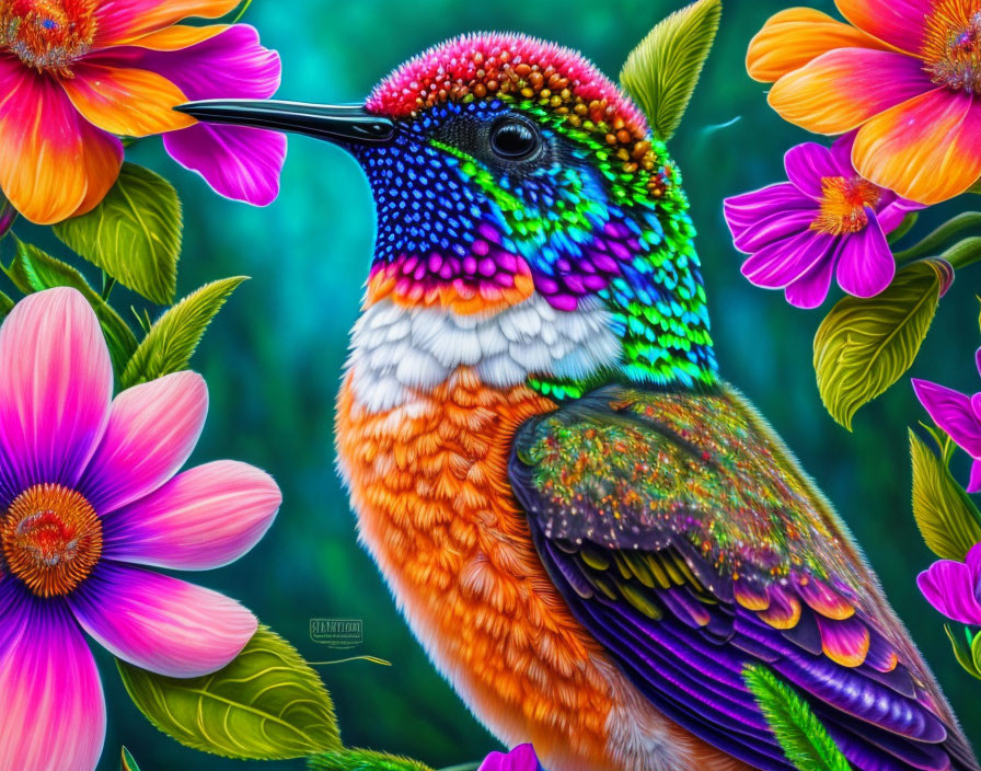 Colorful hummingbird with pink and orange flowers on teal background