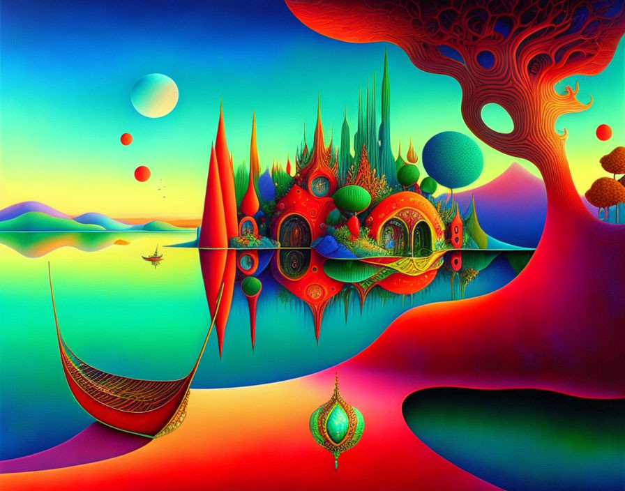 Colorful Psychedelic Landscape with Surreal Elements: Trees, Spheres, Boat, and Ser