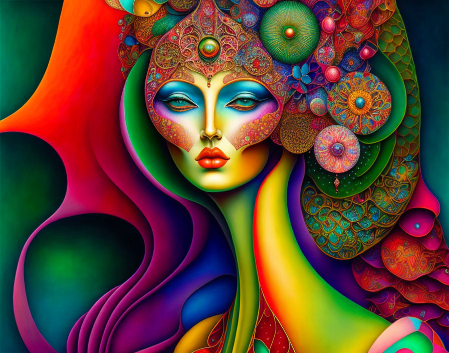 Abstract, stylized female figure with vibrant, swirling patterns