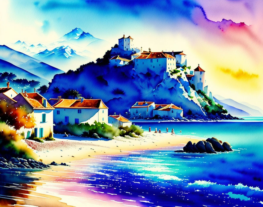 Scenic watercolor painting of coastal village with white buildings and mountains.