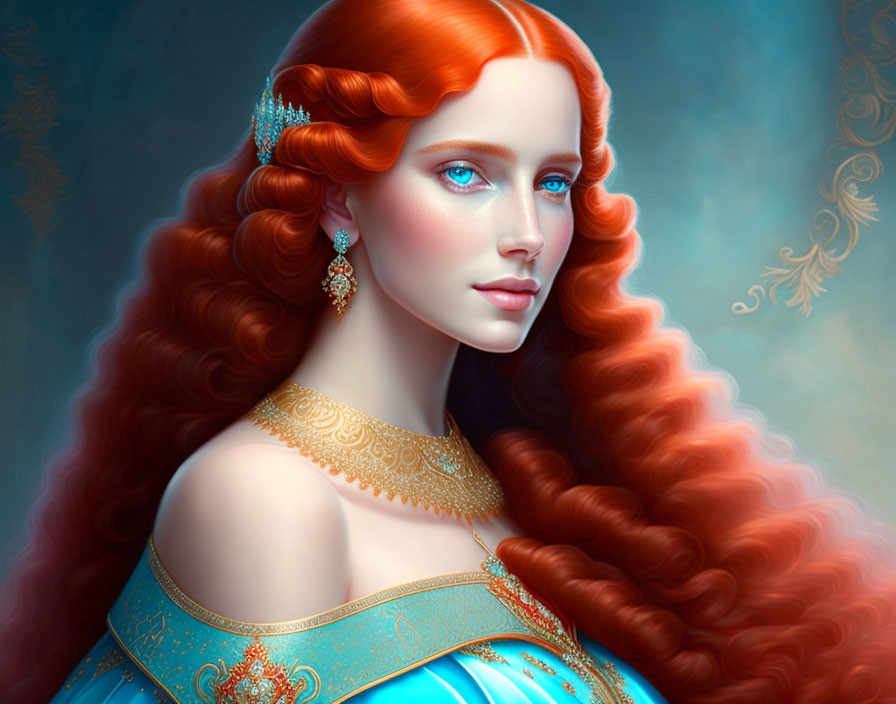 Digital Artwork: Woman with Red Hair, Blue Eyes, Blue & Gold Dress