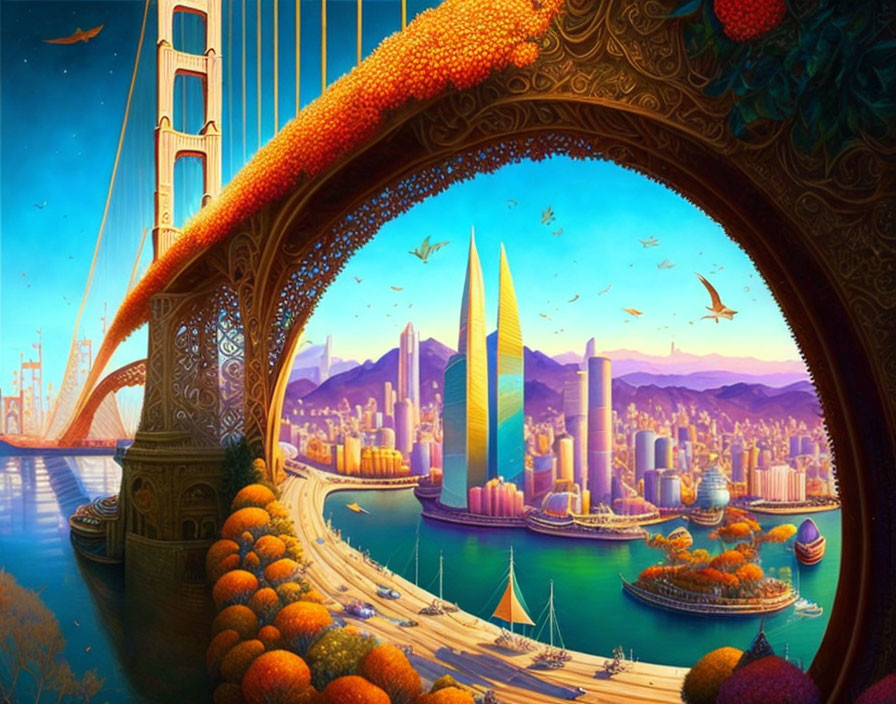 Colorful cityscape painting with golden bridge, fruits, skyscrapers, ships, under blue sky