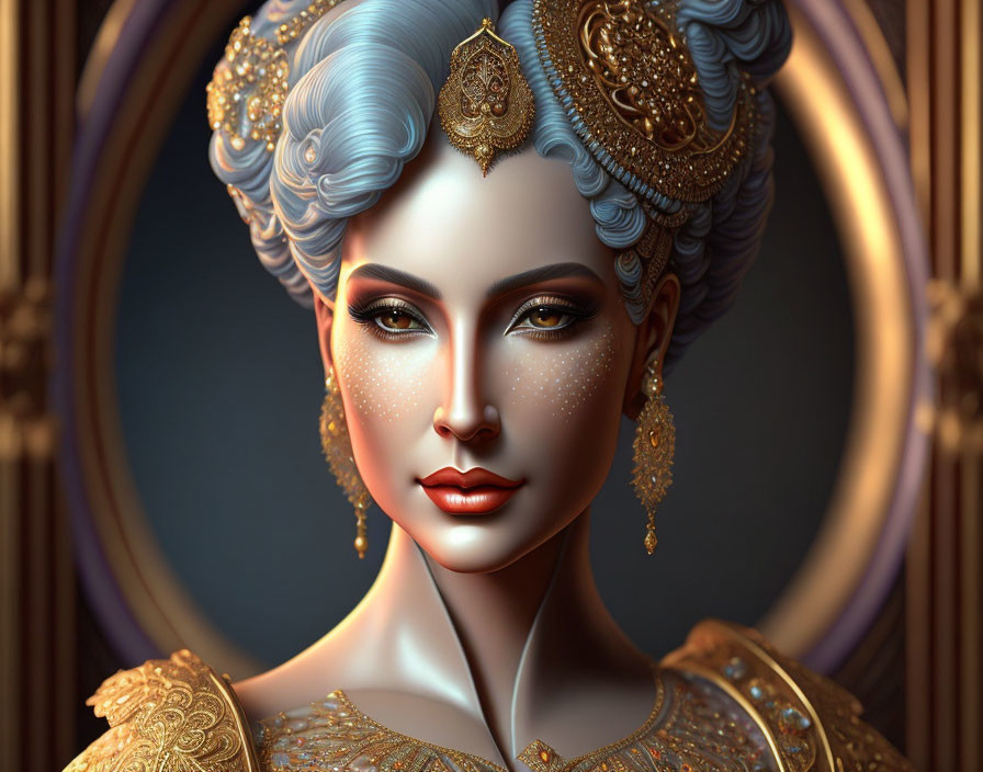 Elaborate 3D-rendered female figure in golden gown and jewelry