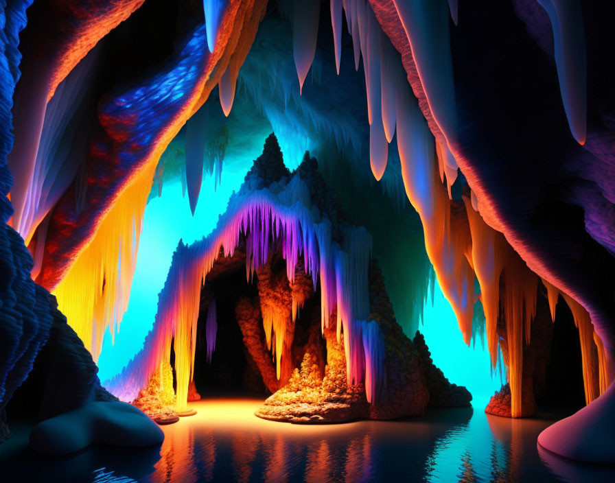 Colorful Cave with Illuminated Stalactites and Stalagmites