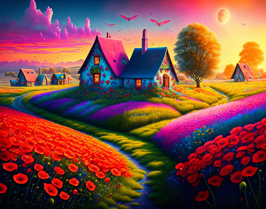 Colorful cottages in poppy and lavender fields under pink sunset sky